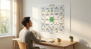 만다라트 목표달성 계획표를 책상 위 벽에 붙여놓은 모습