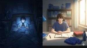 무계획한 하루와 구조화된 루틴의 차이를 보여주는 비교 이미지